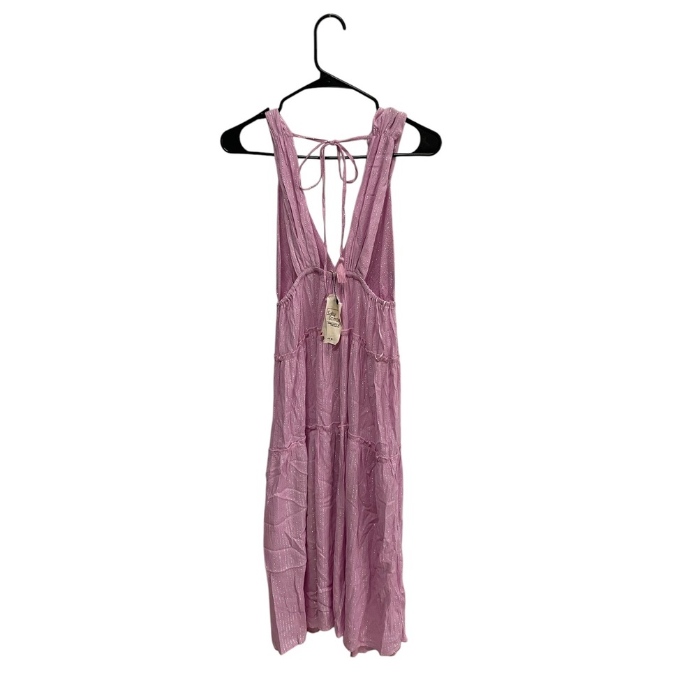 Salty Lemon Pink Midi Dress Metallic Accents Tie Back Sundress Flowy Size‎ S NWT